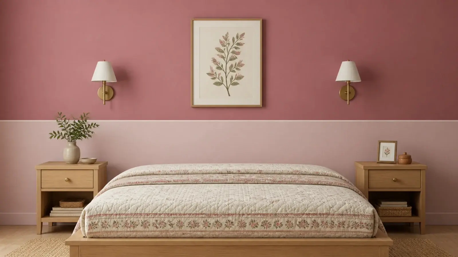 deeper pink upper wall meeting a pale wipeable band at hip height