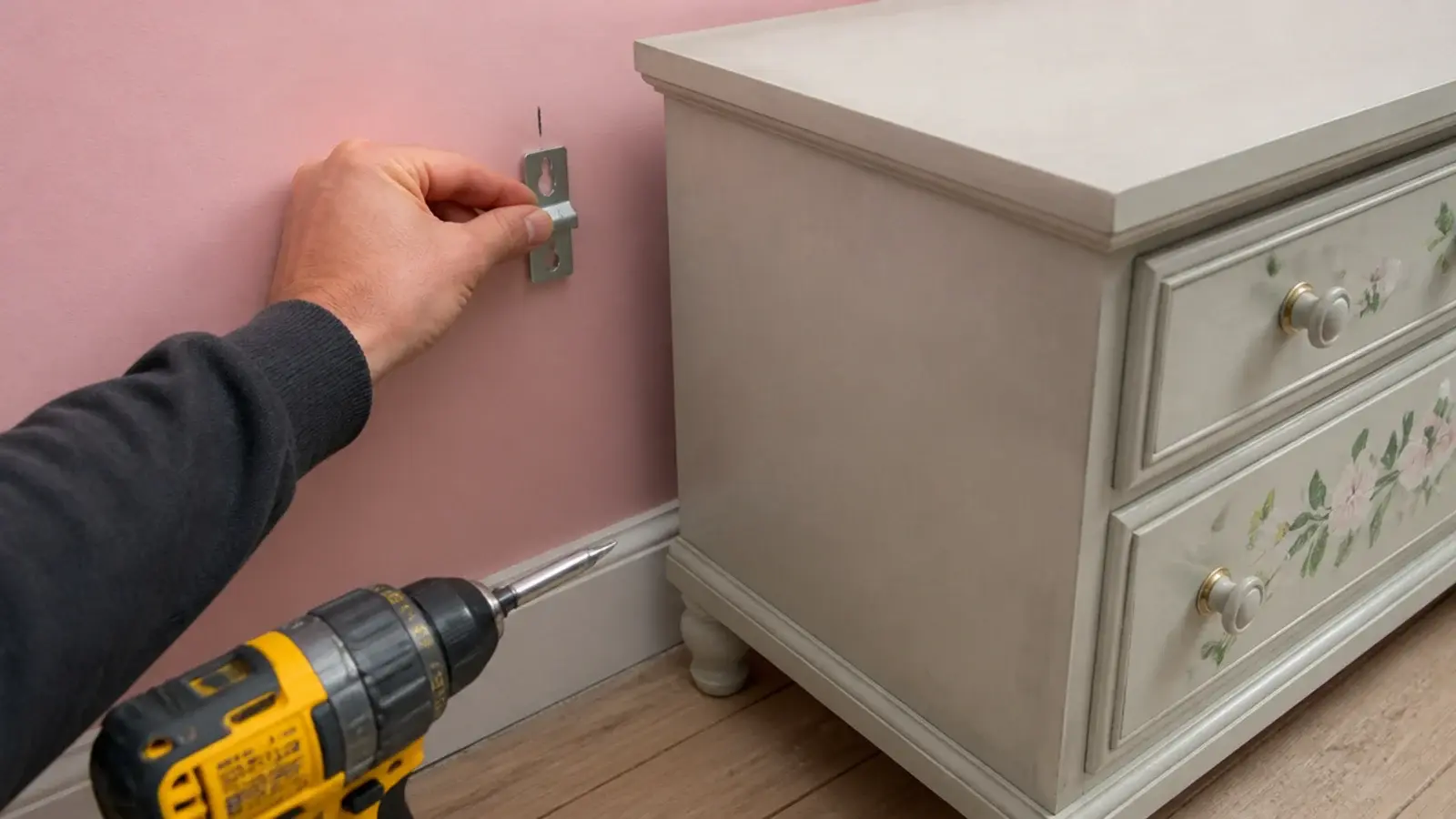 anchor bracket being screwed into a stud behind a pink painted dresser