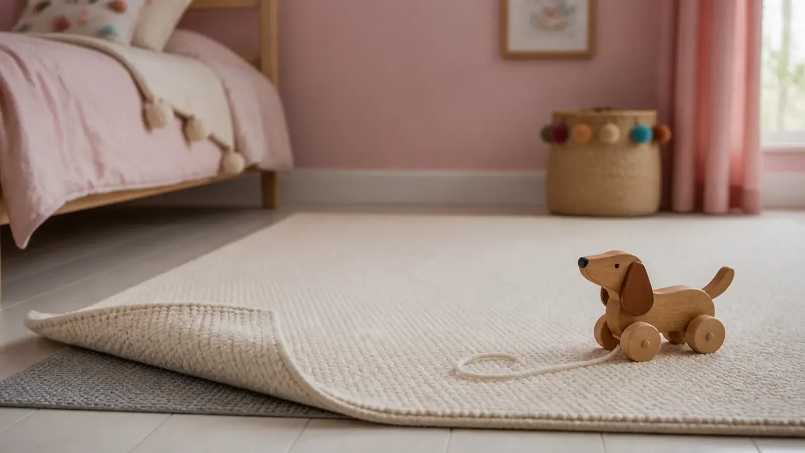 flat cream wool rug laid over pale boards in a pink walled room