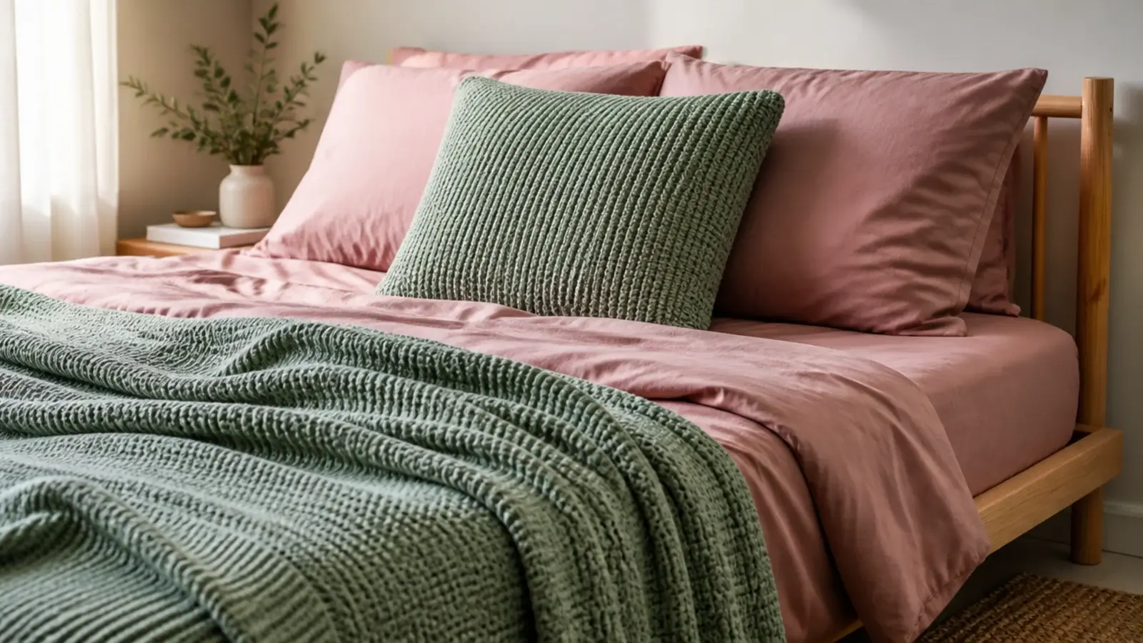 sage green cushion and blanket layered against dusty pink bedding
