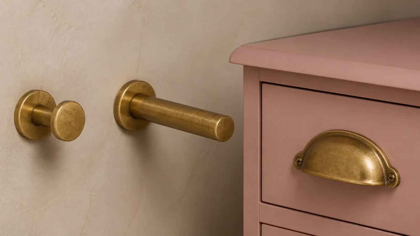 brass peg brass drawer pull and brass rail in one child bedroom