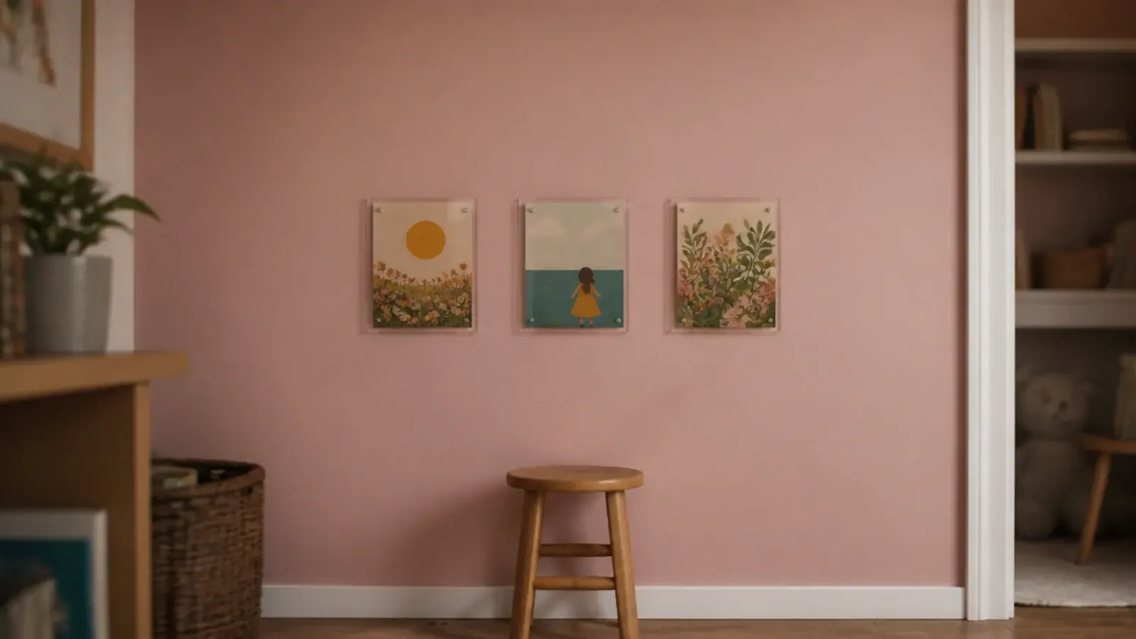 three small framed prints hung low along a pink bedroom wall