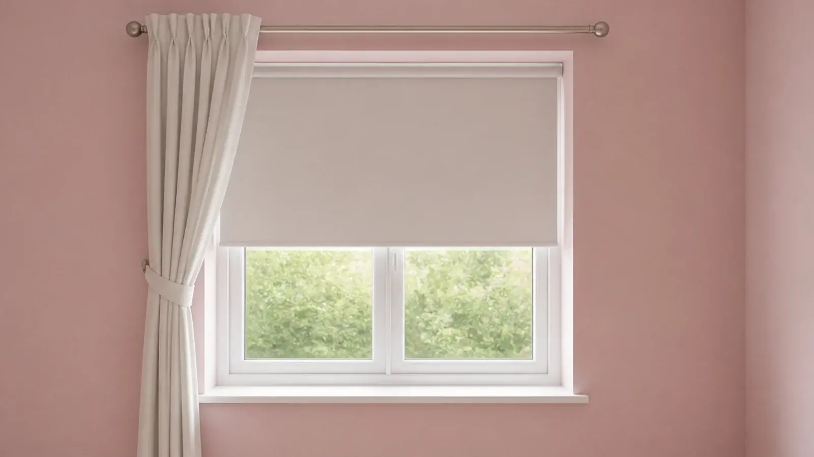 cordless roller blind and unlined curtain at a pink bedroom window