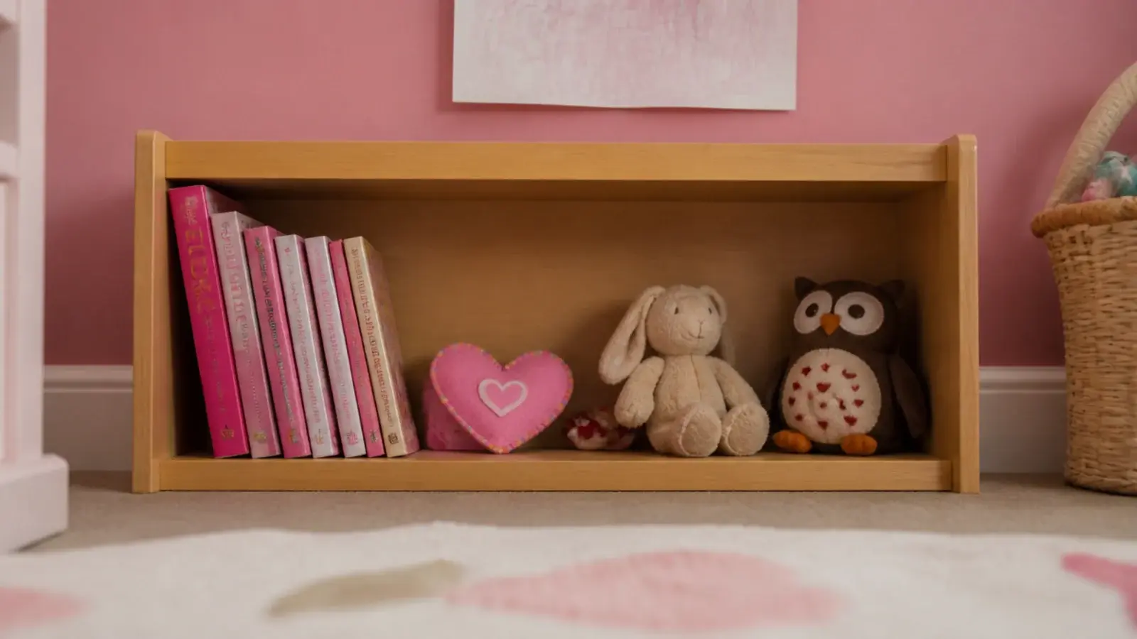 low shelf of pink toys and books within reach of a small child