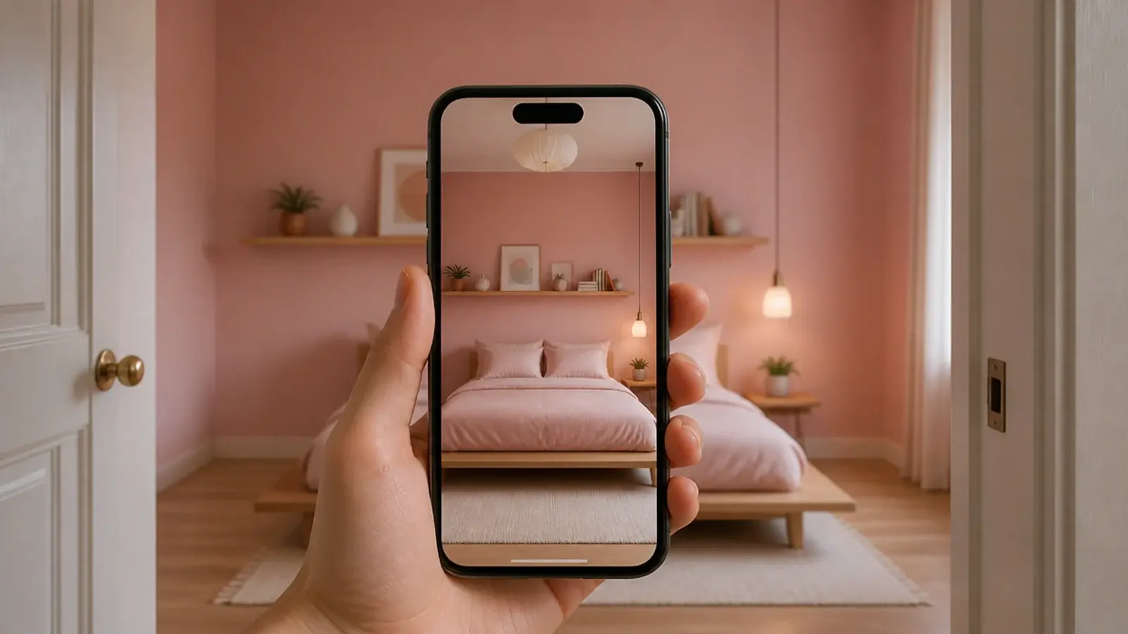 phone screen showing a photograph of the finished pink bedroom