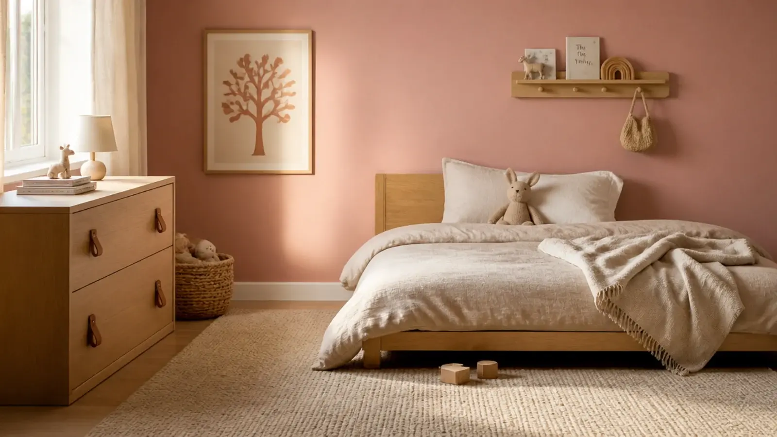 pink toddler girl bedroom in soft clay tones with neutral bedding