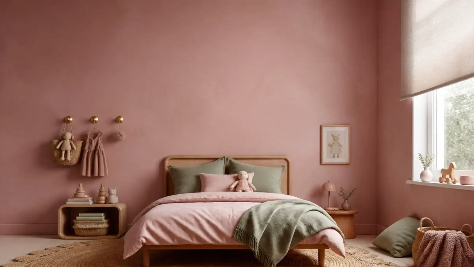 tall pink toddler girl bedroom with clay walls sage accents and low bed
