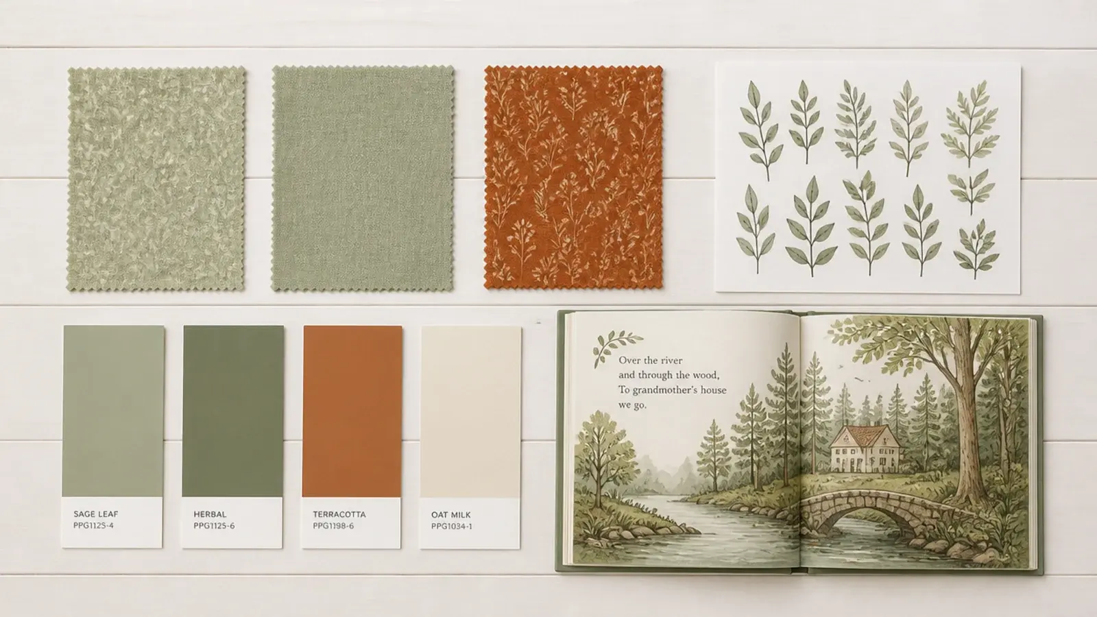 flat lay of fabric swatches paint chips and decals for planning a theme