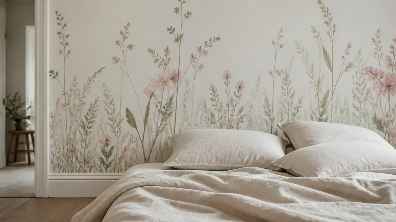 hand painted wildflower stems climbing a bedroom wall behind a bed
