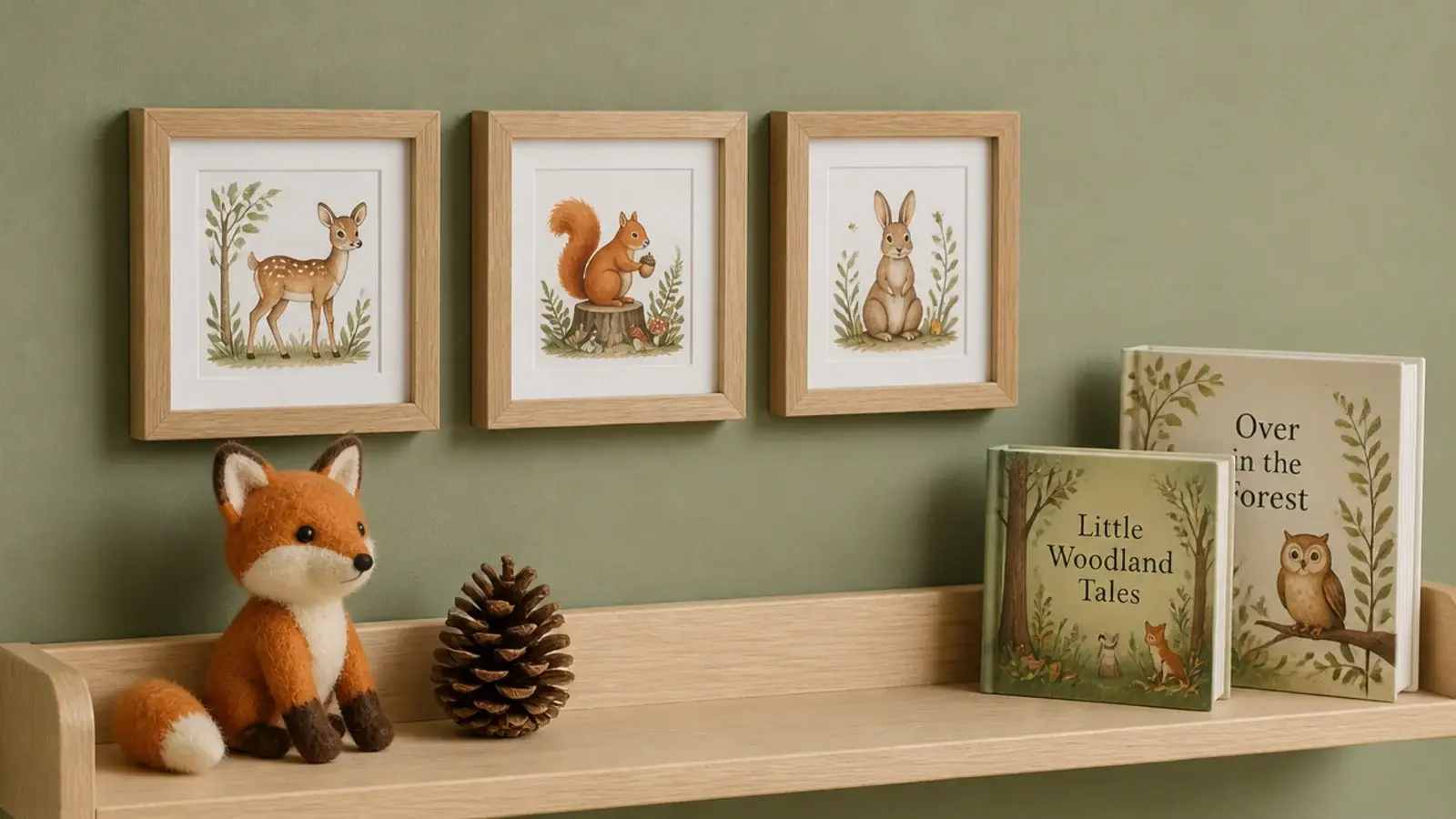 woodland animal prints and a felt fox above a low wooden shelf
