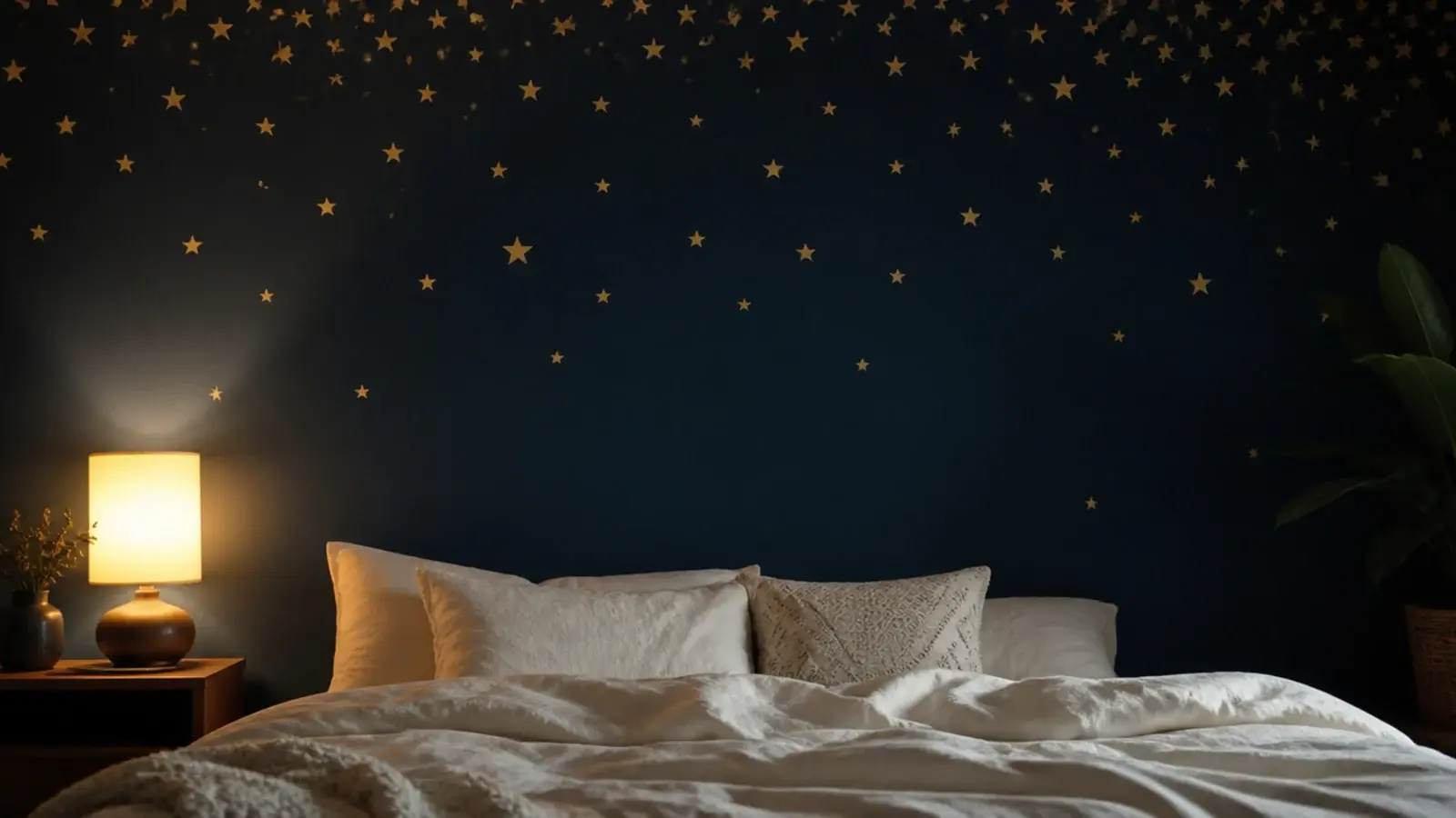 small gold star decals scattered above a low bed on a deep blue wall