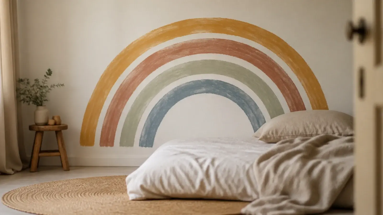 painted rainbow arc in dusty tones curving across a plain bedroom wall