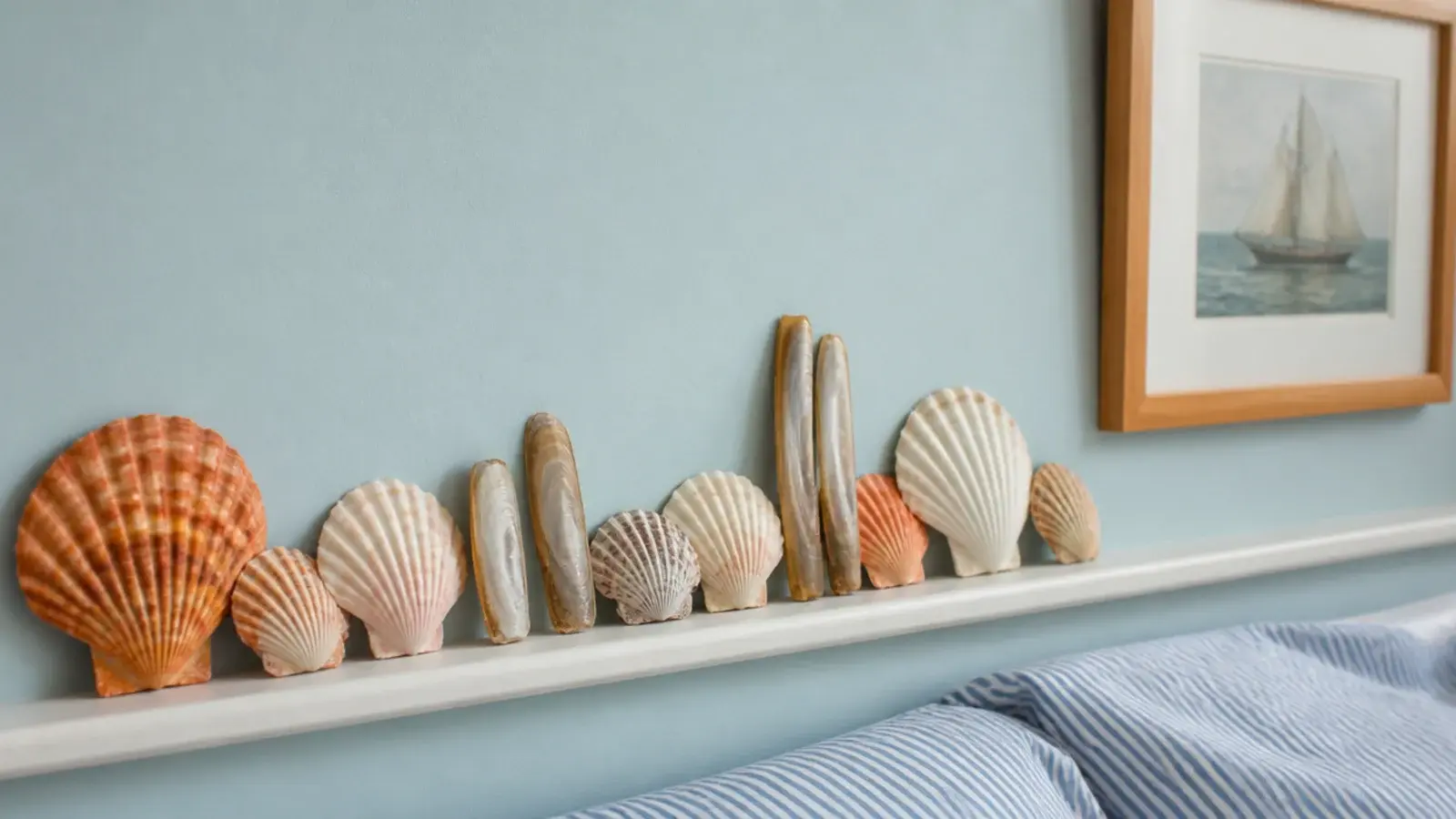 pale blue bedroom with a shell collection displayed on a low ledge
