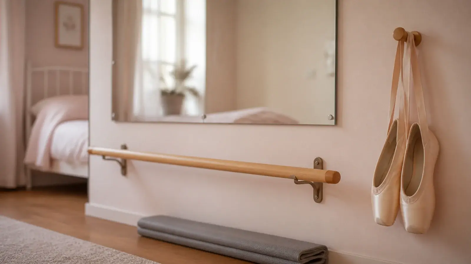 low barre fixed to a bedroom wall beside a shatterproof mirror