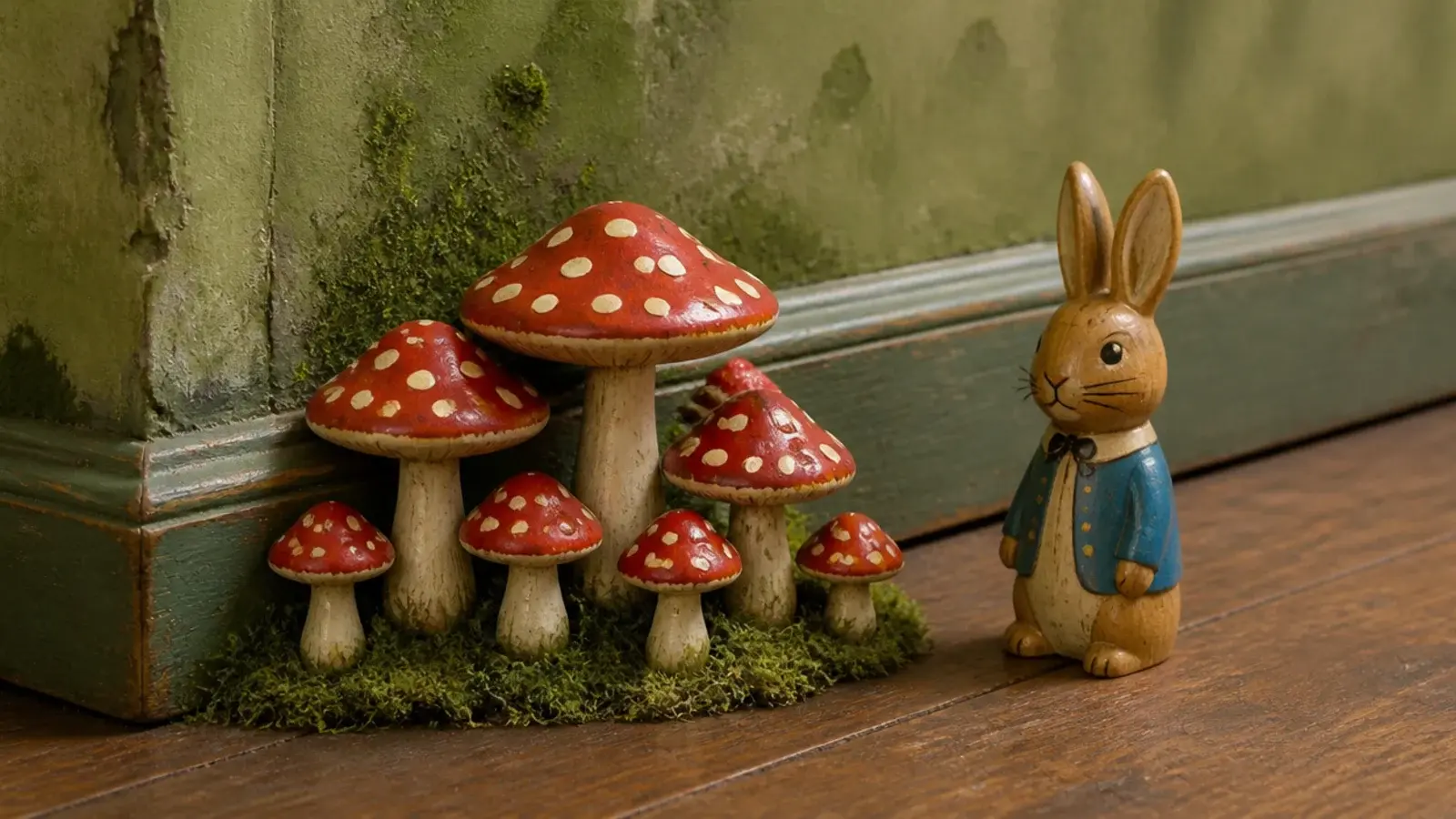 small painted toadstools clustered at the base of a bedroom wall