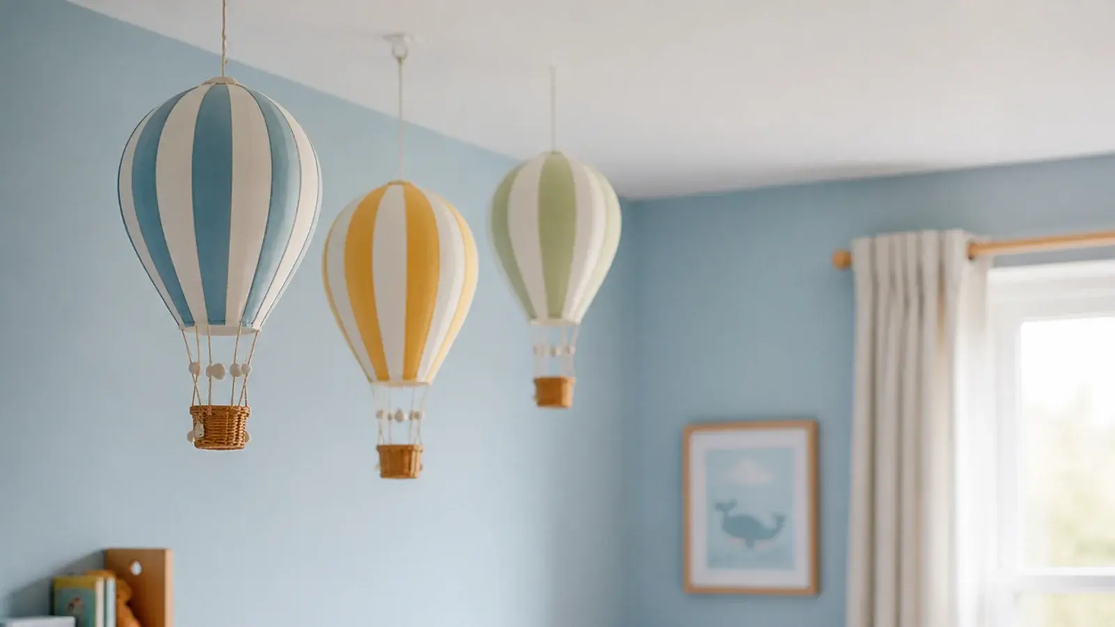 three fabric hot air balloons hung high in a corner of a bedroom