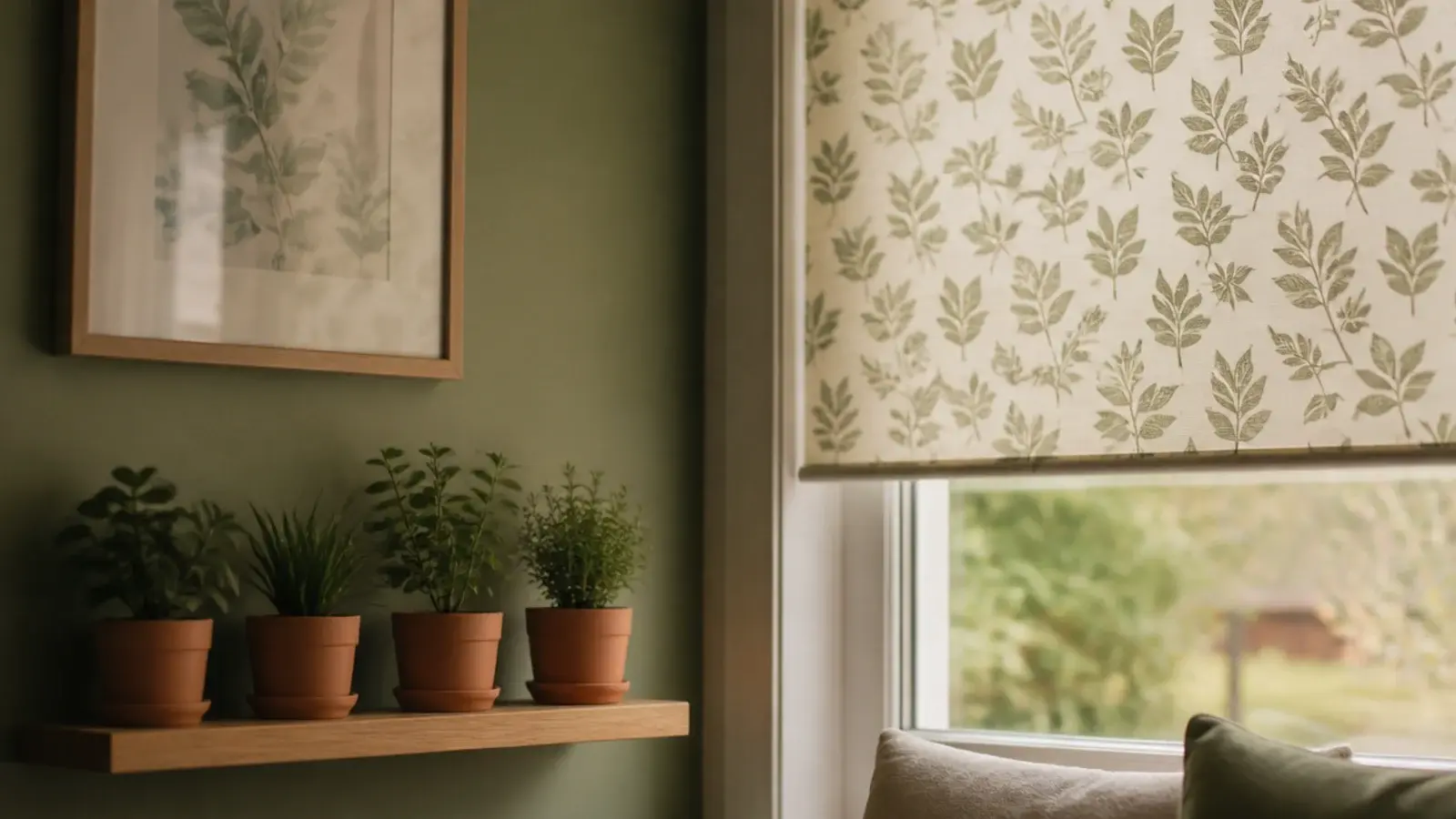 child bedroom shelf of faux potted plants beside a leaf print curtain