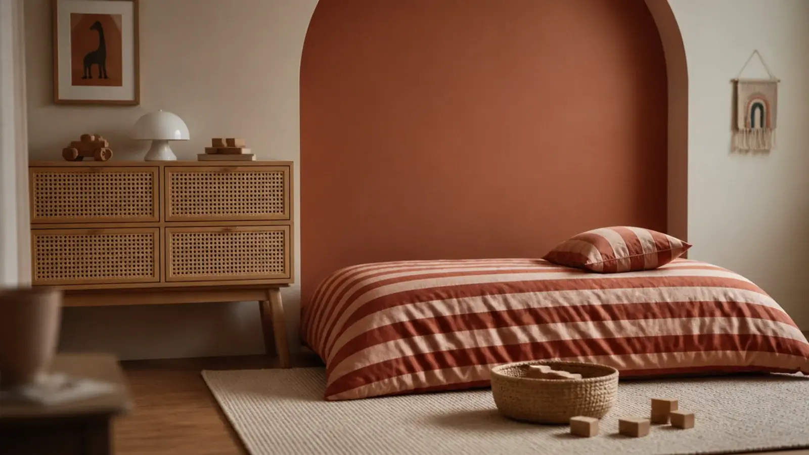 terracotta painted arch and cane furniture in a warm toned bedroom