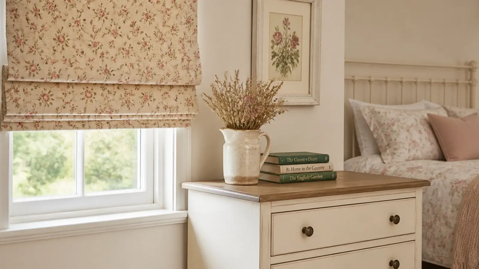 small floral fabric roman blind above a painted cream bedroom chest