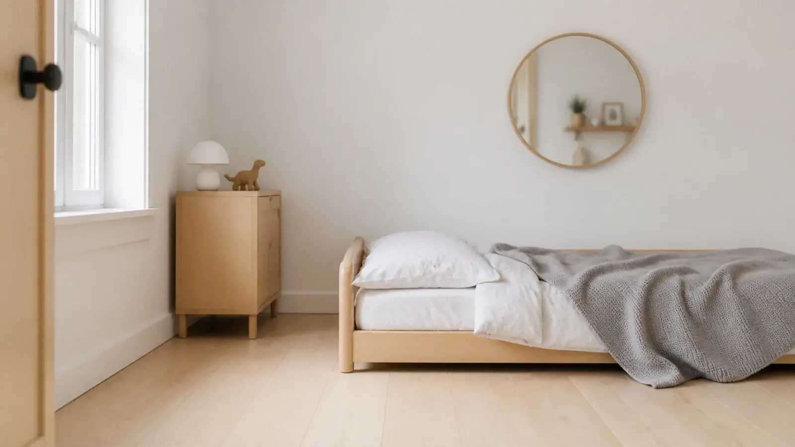pale wood and white bedroom with one grey blanket and no pattern