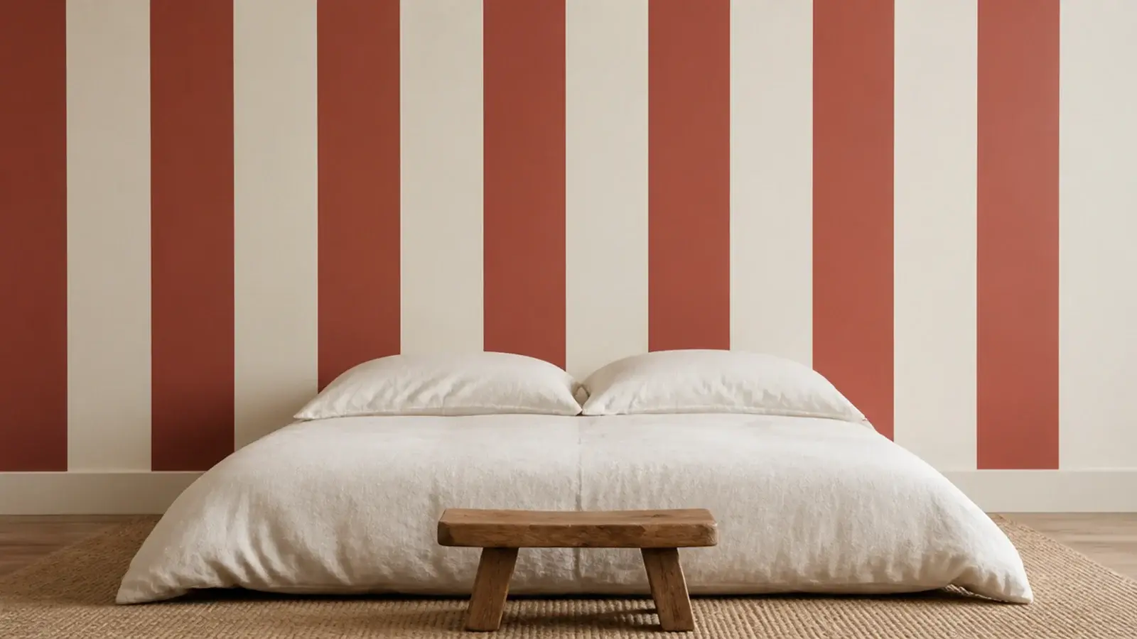 wide painted vertical stripes in soft red and cream on a bedroom wall