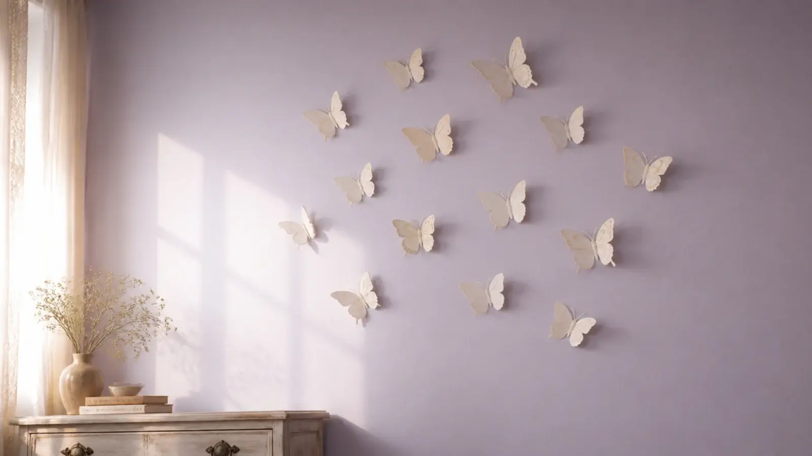 paper butterflies pinned in a loose cluster high on a plain wall