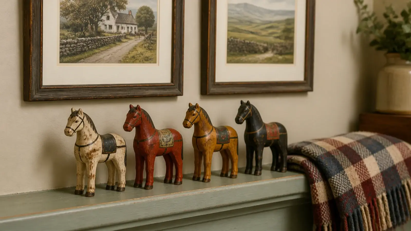 wooden horse figures lined along a low shelf under framed field prints
