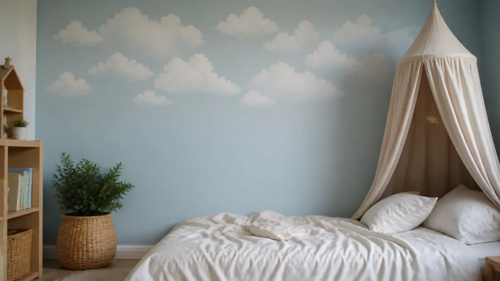 soft painted clouds drifting across the upper part of a bedroom wall