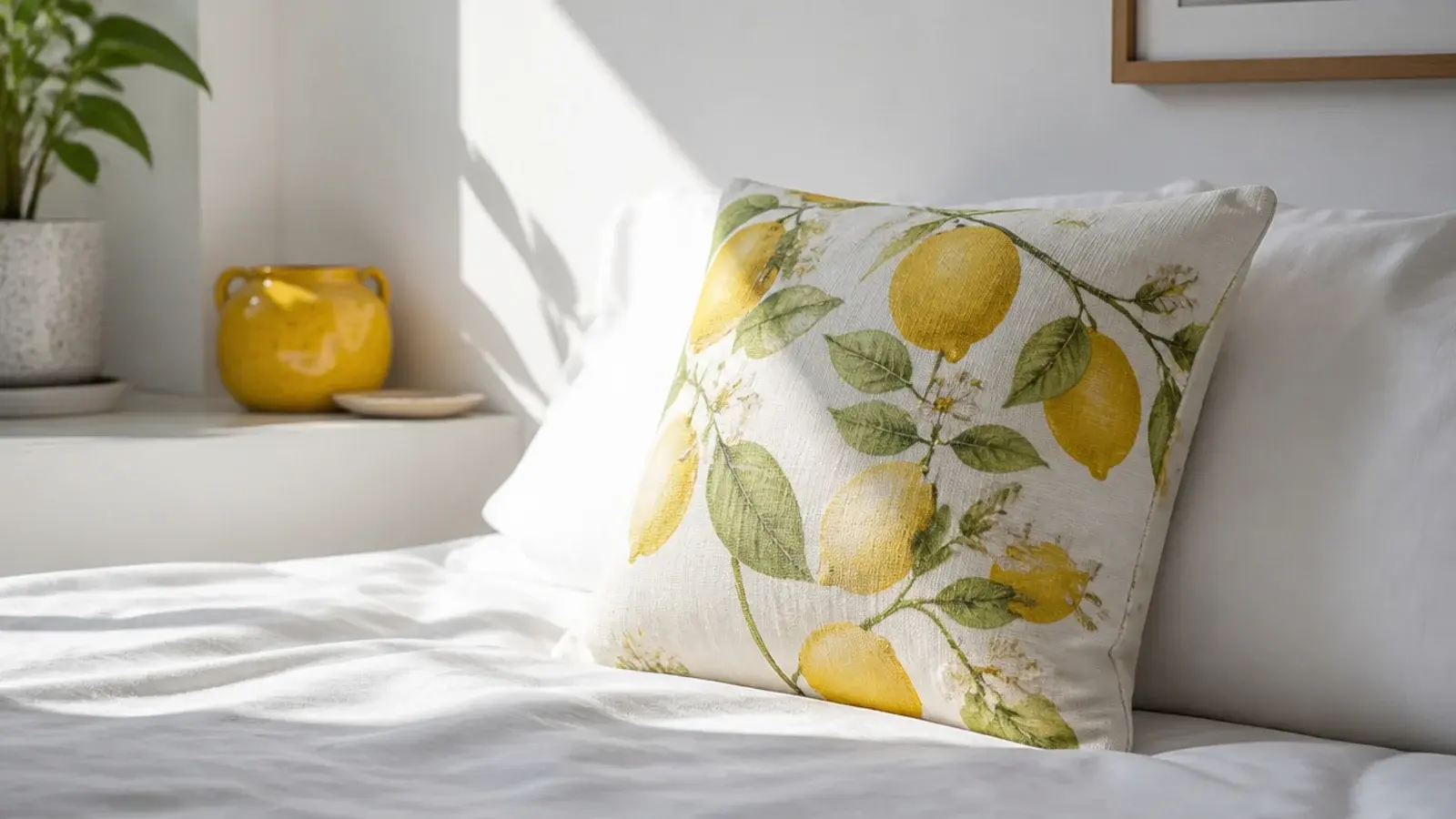 lemon print cushion and yellow accents in a bright white bedroom
