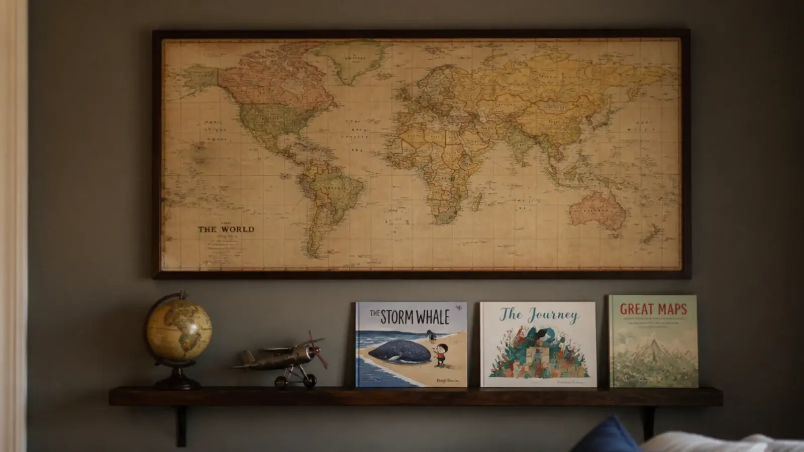 framed old map and a globe sitting on a low anchored bedroom shelf