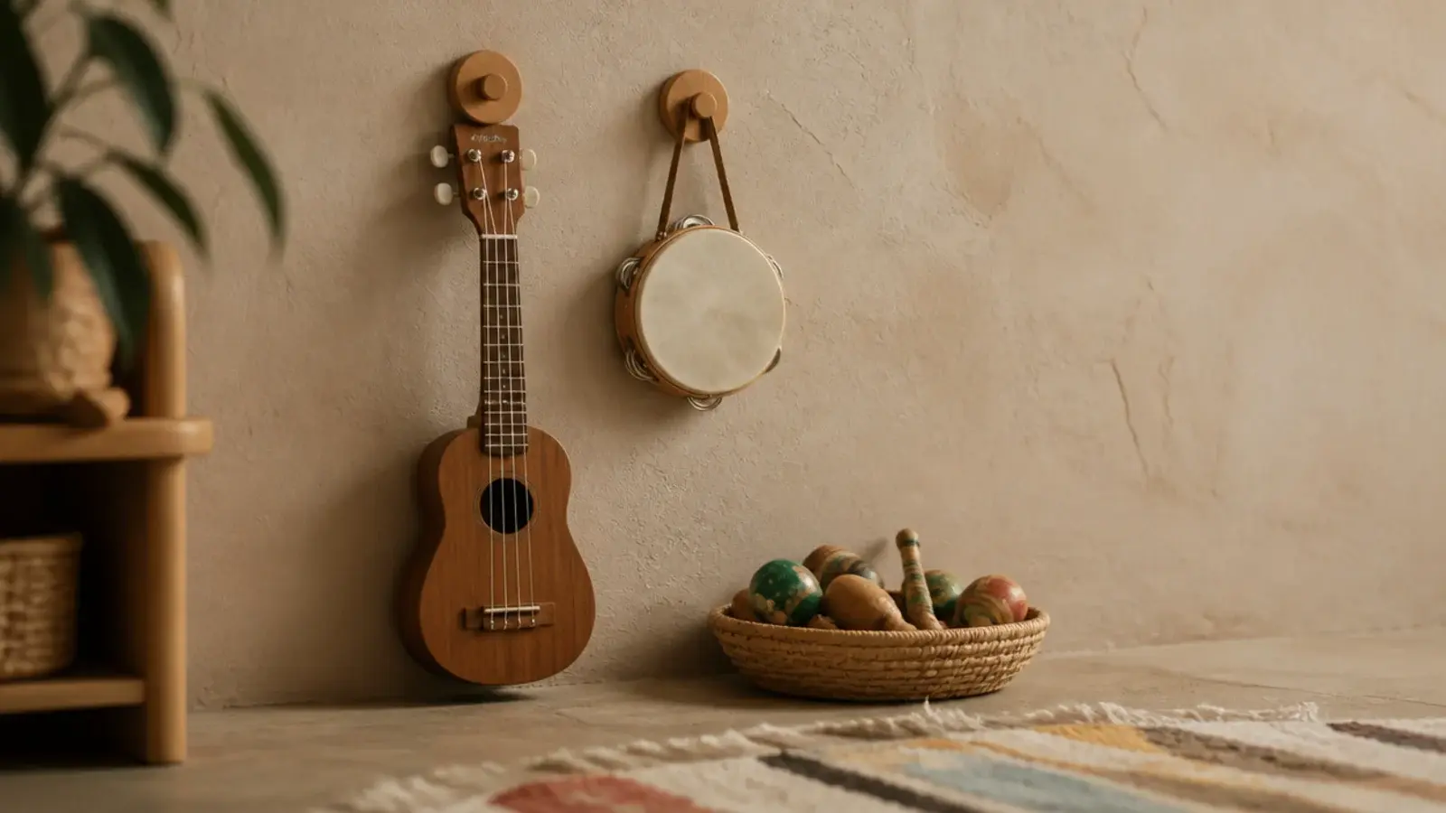 small ukulele and tambourine hanging from pegs in a child bedroom