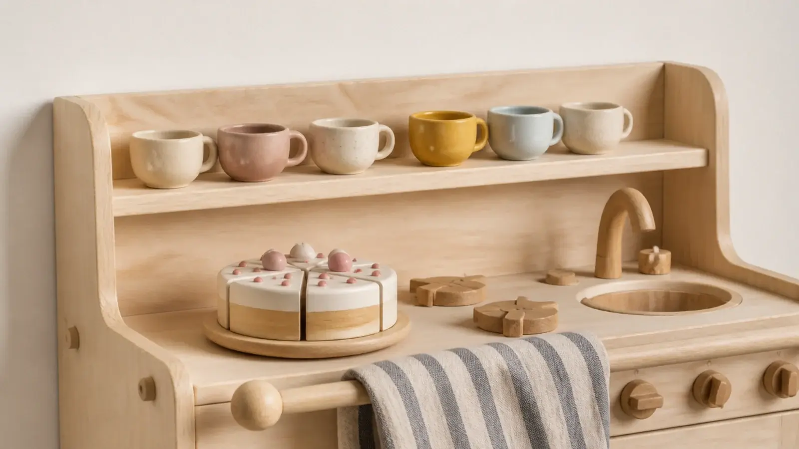 wooden play kitchen shelf with tiny cups and a folded linen cloth