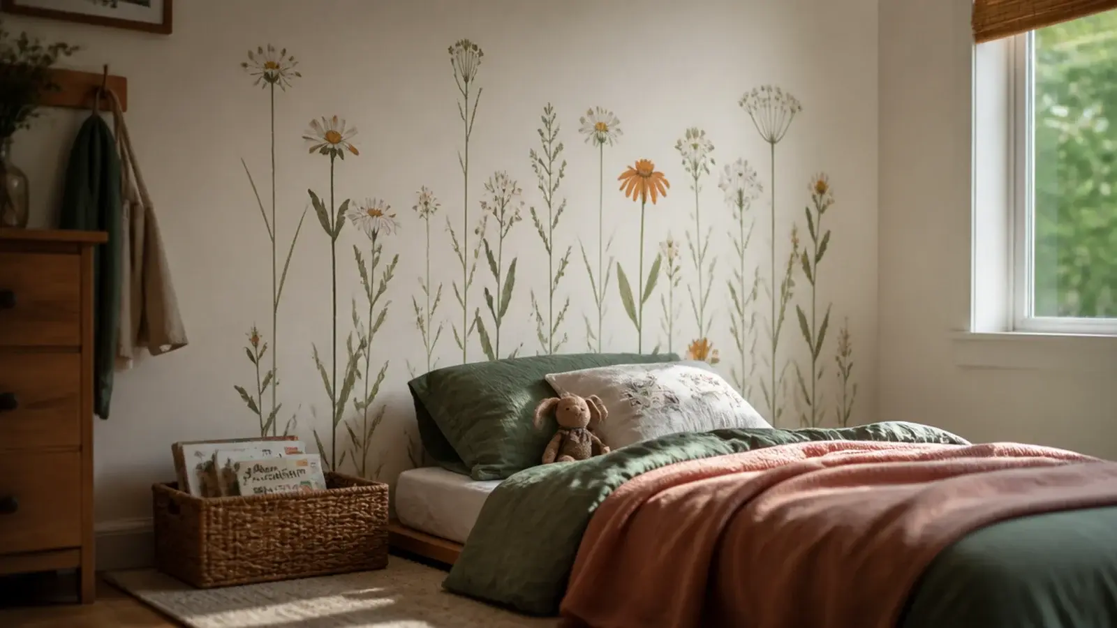 toddler girl bedroom themes shown as a wildflower painted wall and soft bedding