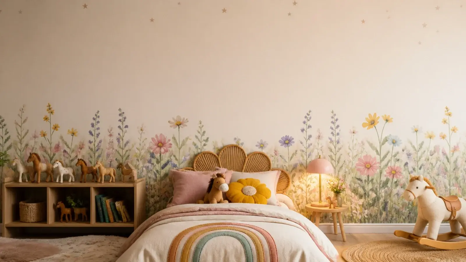 tall panel of toddler girl bedroom themes from meadow to stars and stripes