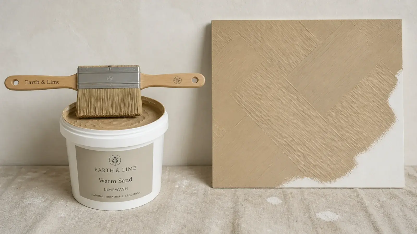 wide block brush loaded with limewash beside a sample board
