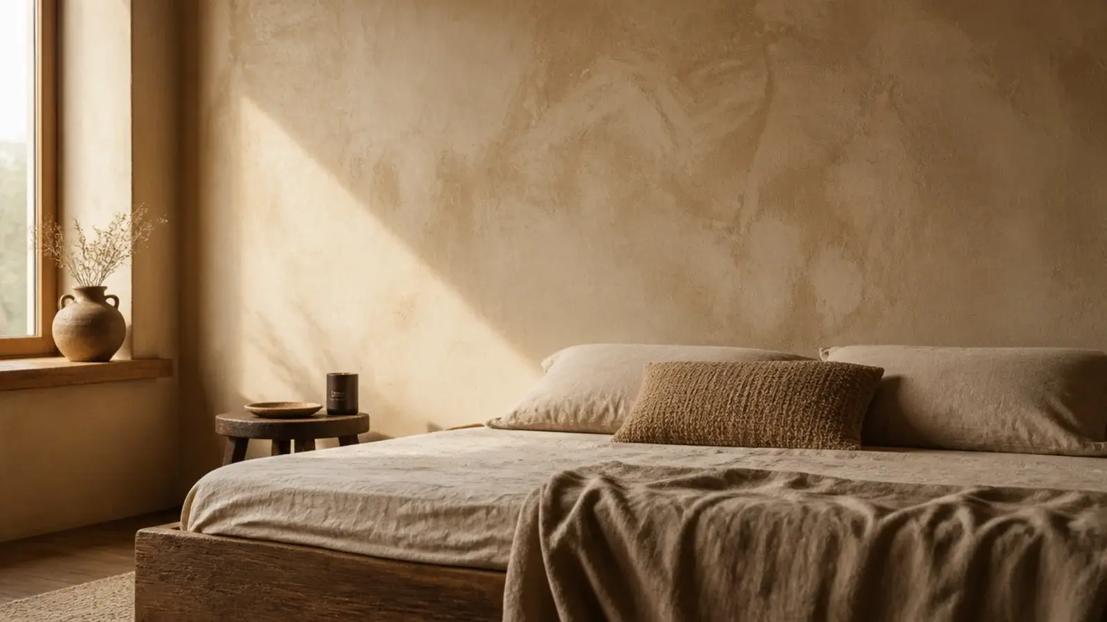 mottled limewash wall in warm sand behind a low child bed