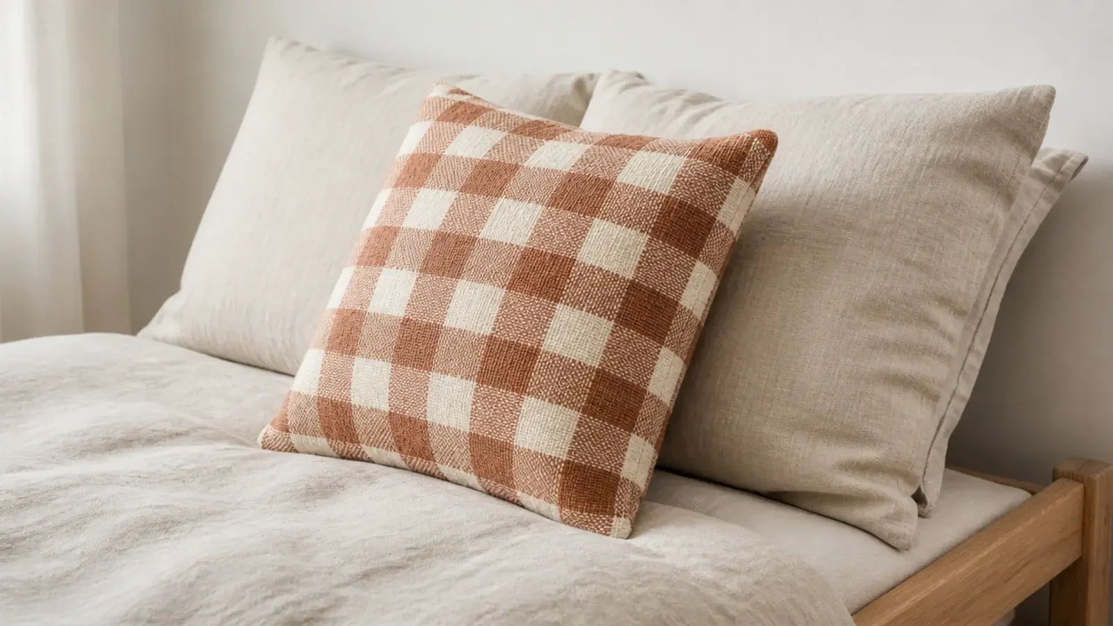 single checked cushion in clay and cream on plain linen bedding