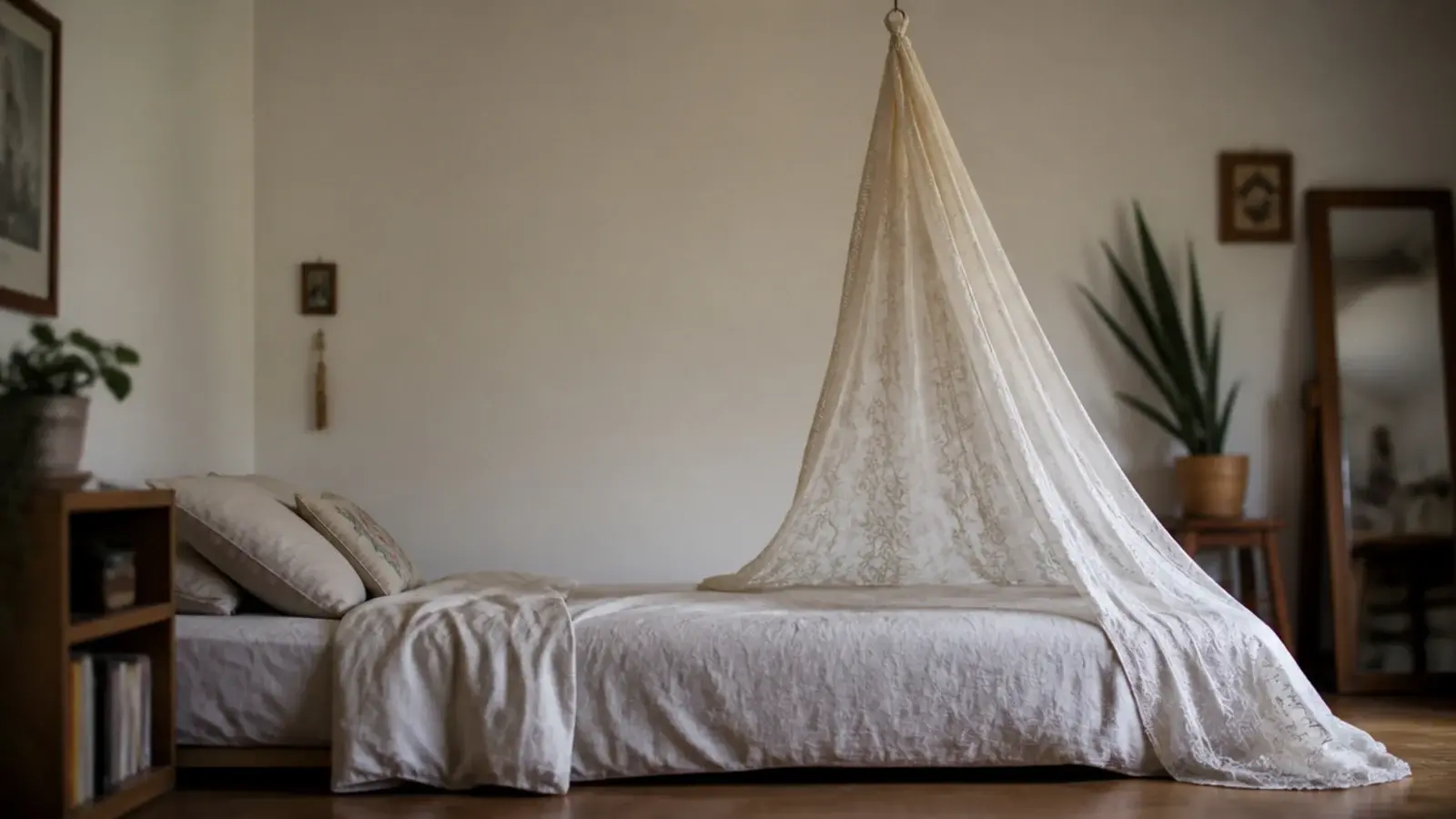 two sheer curtain panels gathered into a canopy at the bed foot