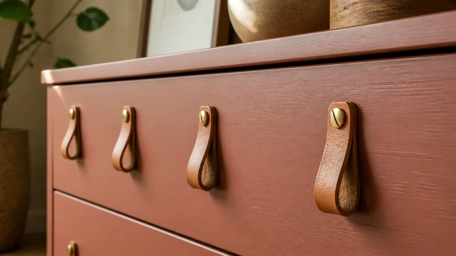 tan leather drawer pulls fitted along a repainted dresser front