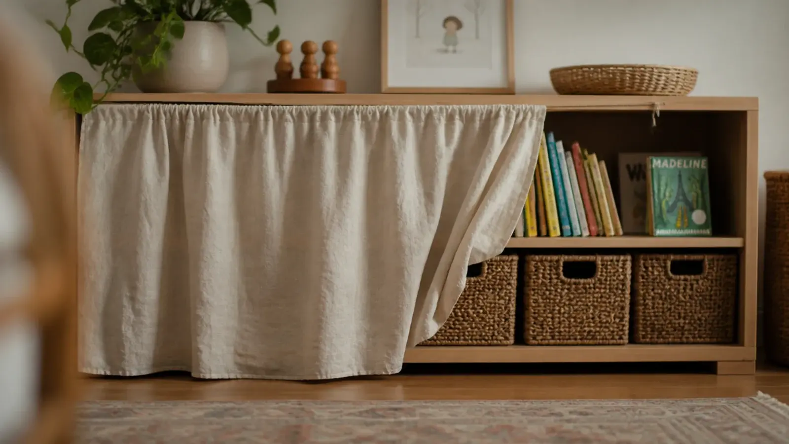 linen skirt gathered along the front of a low open shelf unit