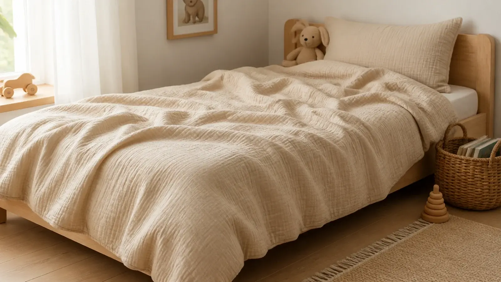 crinkled cotton gauze duvet cover in warm oat on a low bed
