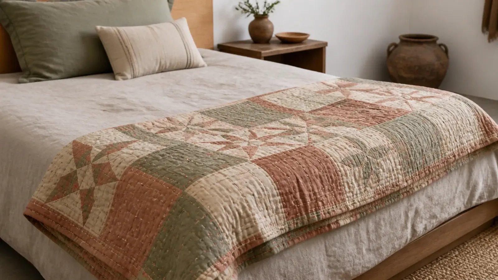 muted patchwork quilt folded across the end of a childs bed