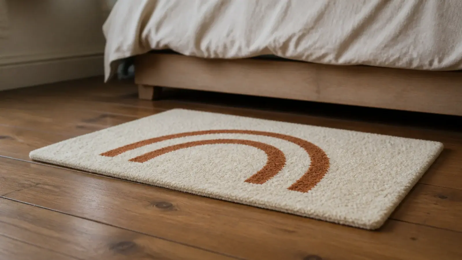 small tufted cotton mat lying flat beside a low wooden bed