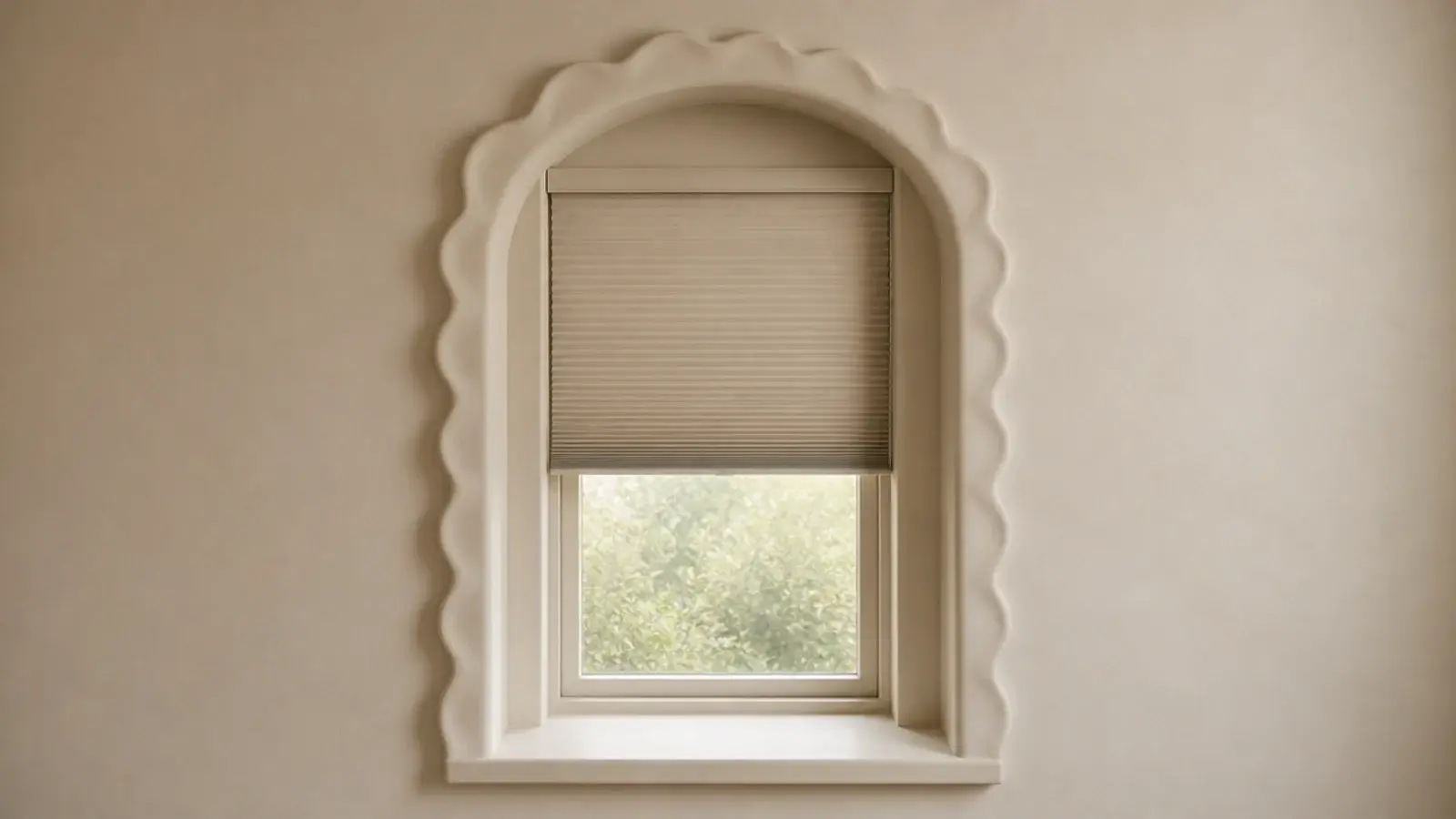painted scalloped arch framing a small bedroom window recess