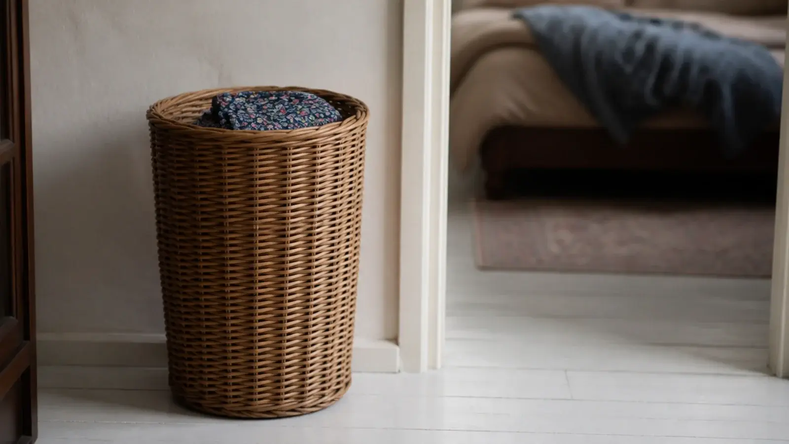 open wicker laundry hamper standing beside a bedroom doorway