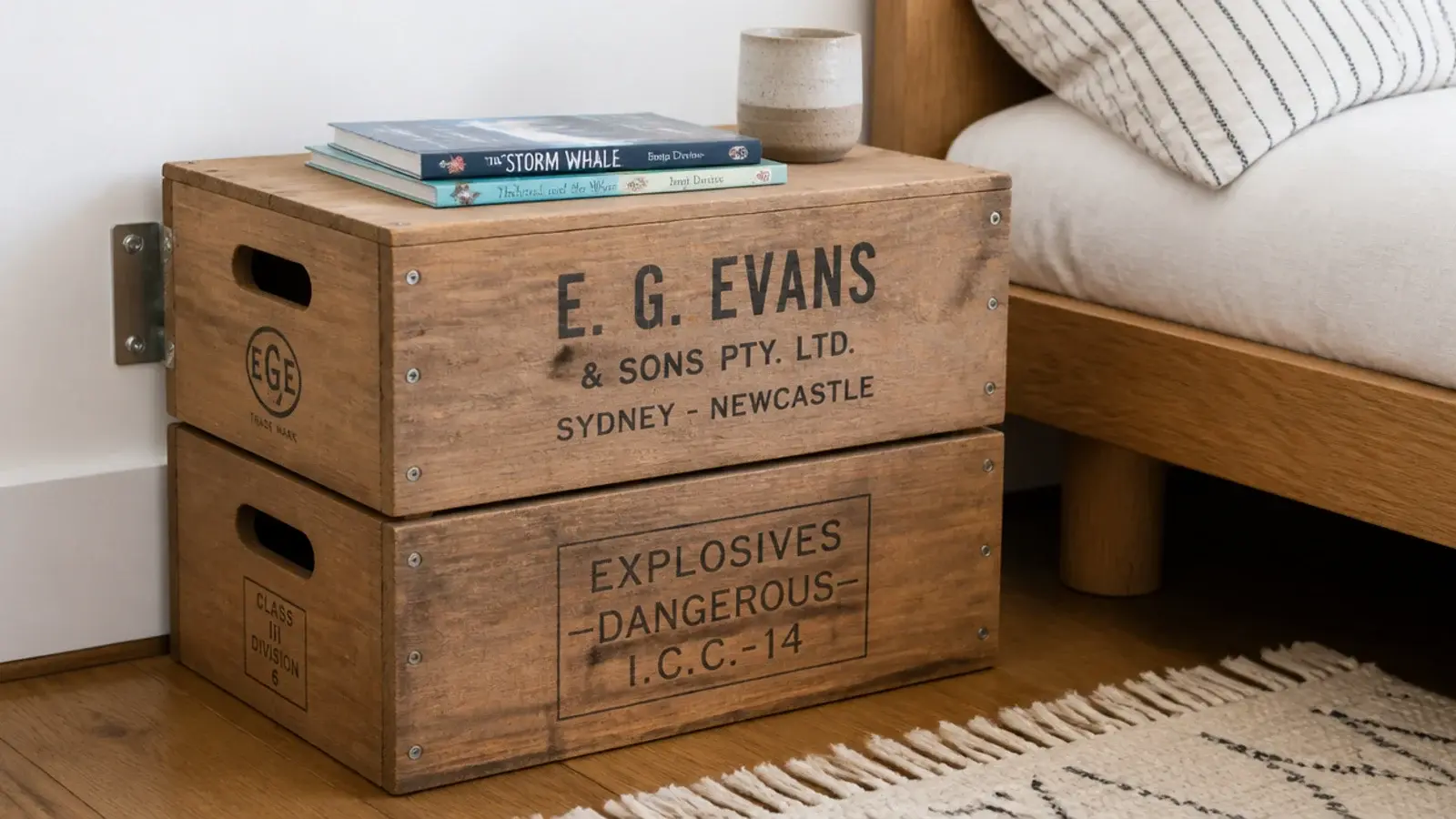 two sanded vintage crates stacked beside a low bed as a shelf