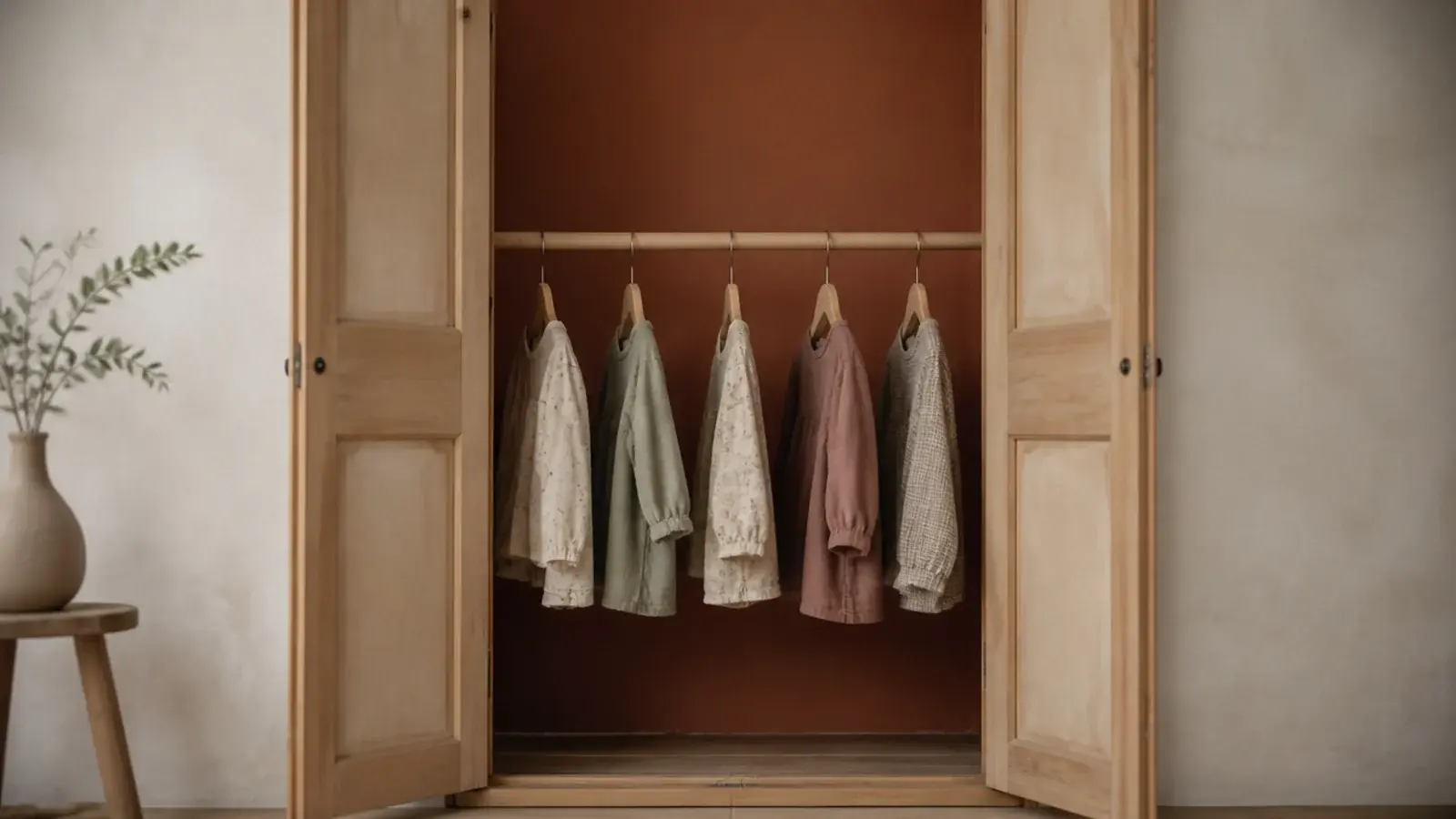 closet interior painted deep clay behind hanging child clothes