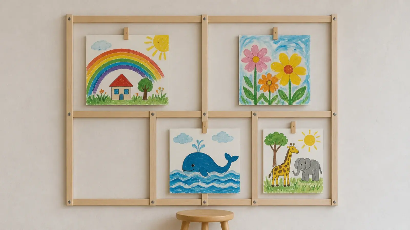 slim timber grid fixed to a wall displaying child paintings with clips