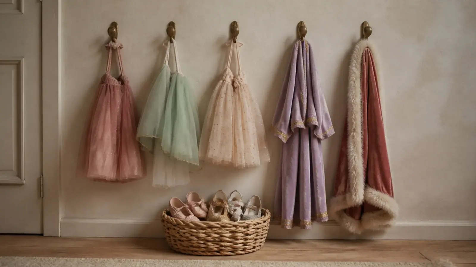 row of small brass hooks holding tulle dress up clothes on a wall