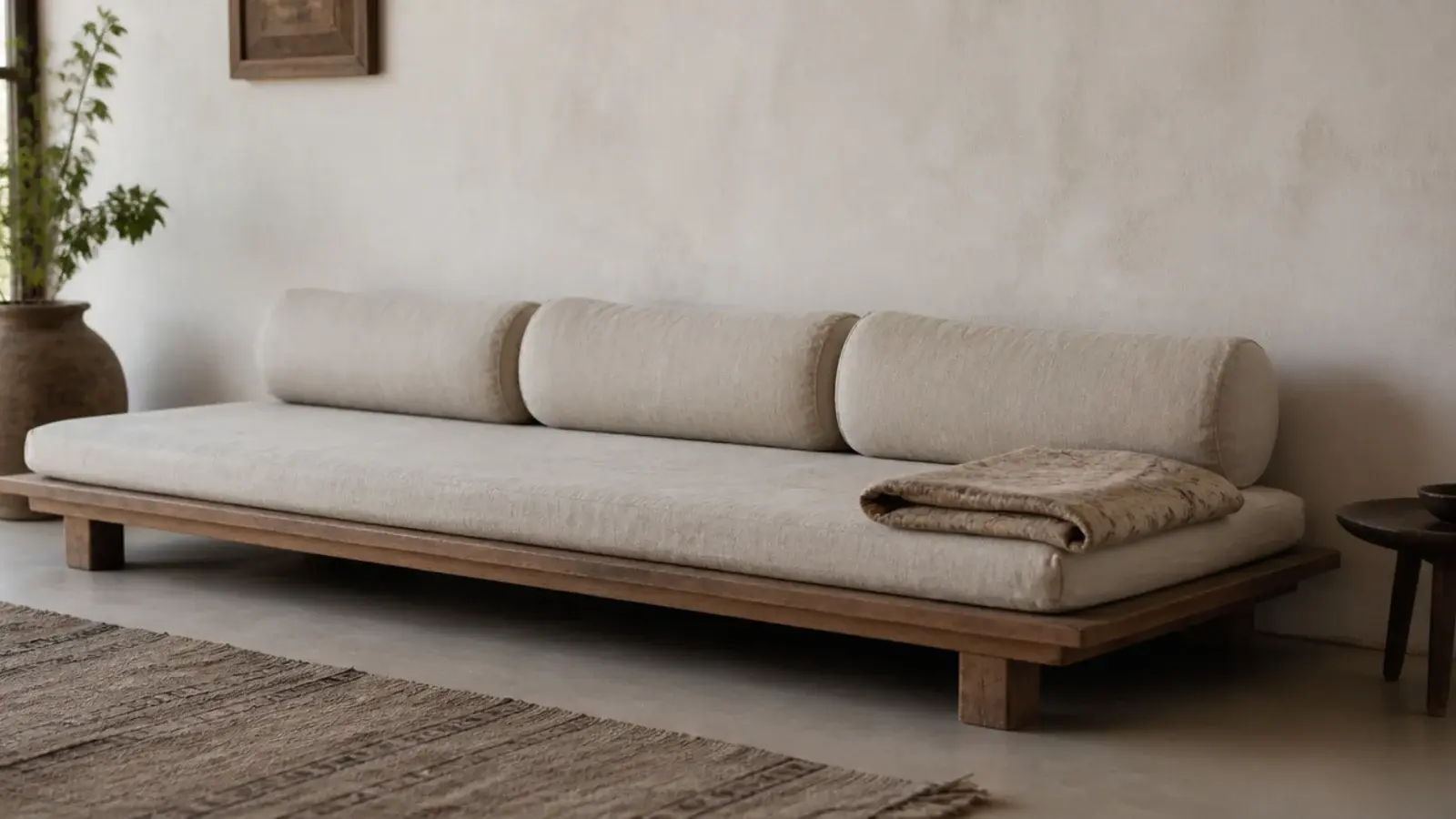 low daybed against a wall with three long bolsters along the back
